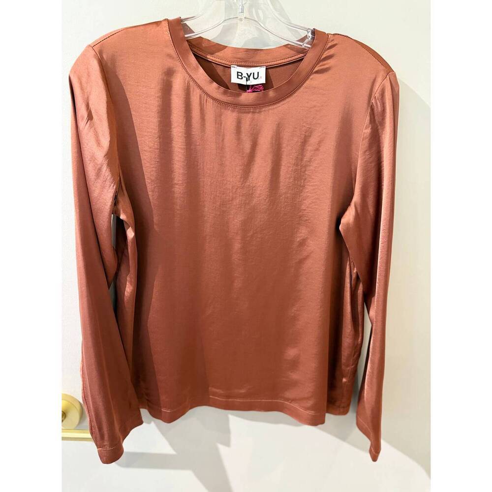 NEW B-YU women's satin crew neck long sleeve top in rust